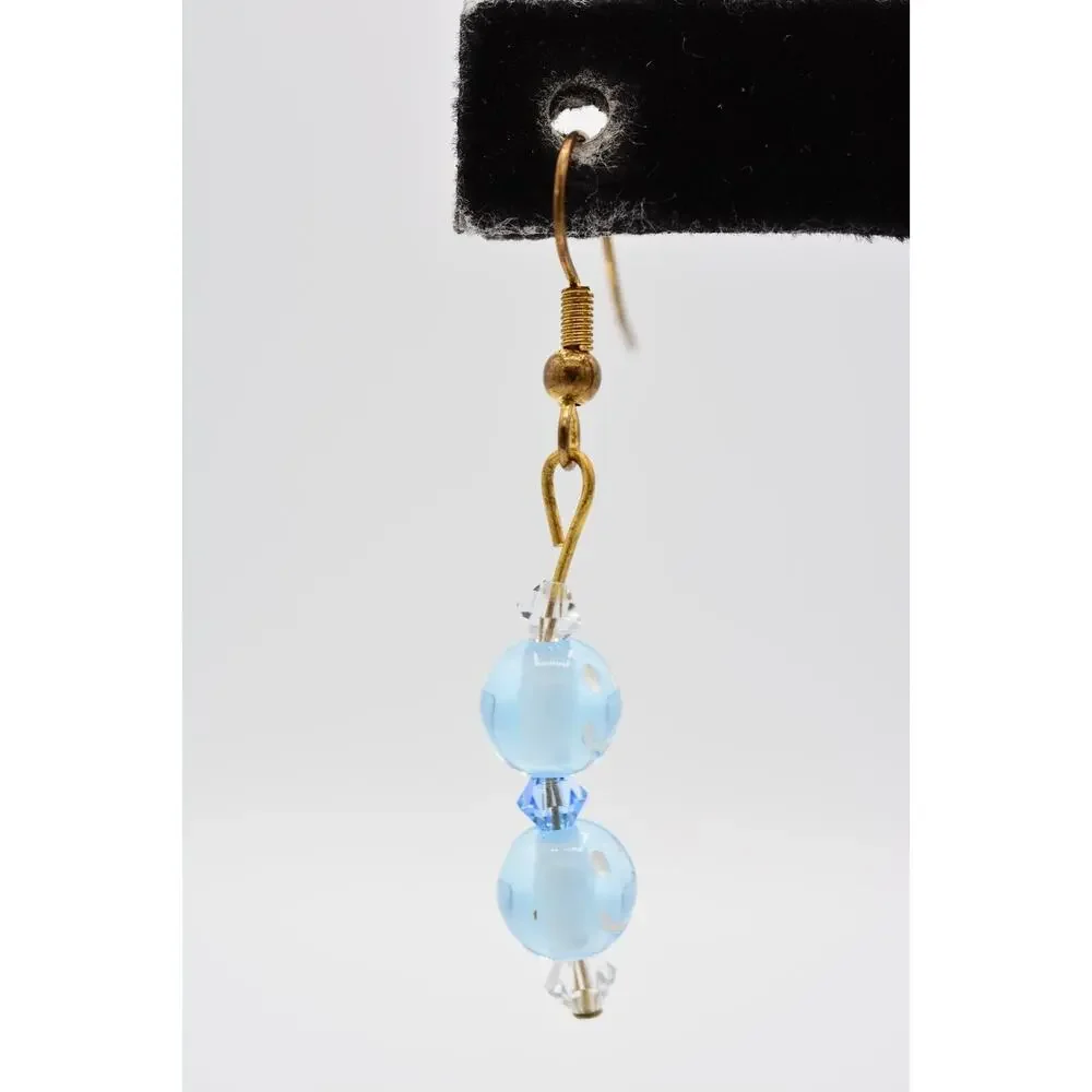 Dangle Beaded Earrings Sky Blue Happy Face Crystal Drop Round 1990s BinAA